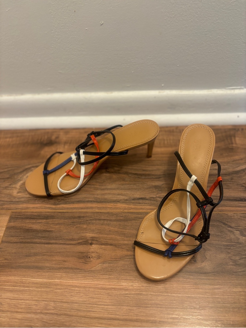 Zara Tan Heel Sandals with Black, Red, Blue & White Straps